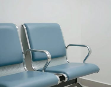 A modern waiting room chair in a minimalist and clean Hispanic medical clinic, featuring pale blue and white tones.