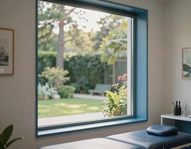 A bright window in a modern therapy office overlooking a peaceful garden, with soft light reflecting off steel blue decor.