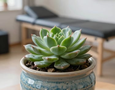 Close-up of a small, vibrant green succulent plant in a ceramic pot with a muted blue pattern, placed in a bright, modern therapy room.