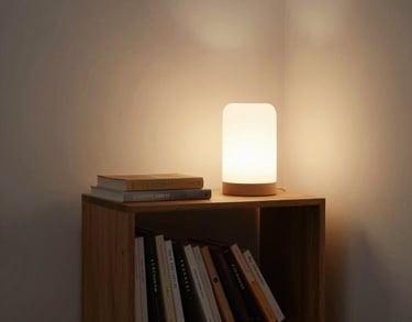 A peaceful corner of a room with a small bookshelf and a soft lamp, creating a cozy and supportive atmosphere.