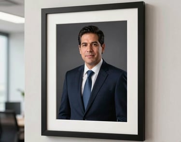 A framed professional diploma hanging on a clean, off-white wall in a modern Latin American office, subtly lit.