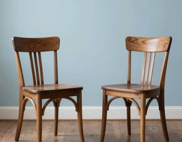 Two elegant wooden chairs facing each other in a peaceful room with pale blue accents, symbolizing the space for a dialogue between psychologist and patient.