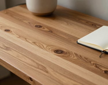 Detail of a natural wood desk with a simple ceramic lamp and a small notebook, conveying professional organization and calm.