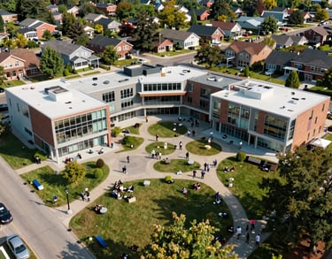 An aerial view of a vibrant community center in a North American city suburb, featuring modern architecture and integrated green spaces where people are gathering.