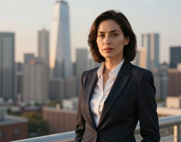 A professional portrait of a woman in business attire, standing in front of a blurred urban skyline in a North American city during golden hour, looking confident and approachable.