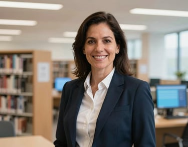 A portrait of an education specialist in professional attire, standing in a brightly lit, modern North American library with books and digital screens in the background.