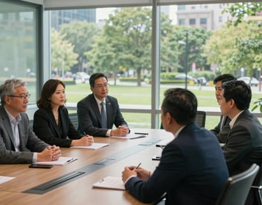 A candid shot of collaborative strategy session among North American leaders in a sun-drenched, glass-walled conference room with views of a green urban park.