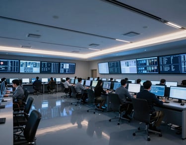 A wide-angle interior shot of a data-driven command center in a US city, with clean lines and soft blue ambient lighting reflecting off polished surfaces.
