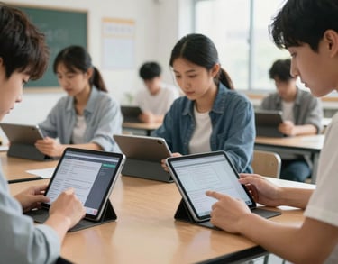 A North American classroom scene showing young adults using advanced tablet technology and collaborative software in a brightly lit, modern educational environment.