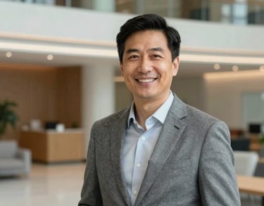 A professional headshot of an advisor in a grey blazer, smiling in a modern office lobby in a North American metropolis, with warm lighting and a soft-focus background.