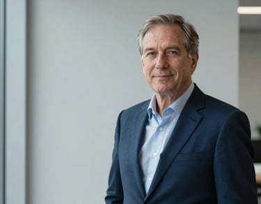 A sharp, professional headshot of a senior executive in a dark blue suit, set against a minimalist light grey wall in a North American office building.
