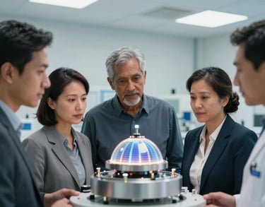 A close-up of a group of diverse North American professionals in a clean, high-tech research facility, examining a sustainable energy prototype under cool, bright lighting.