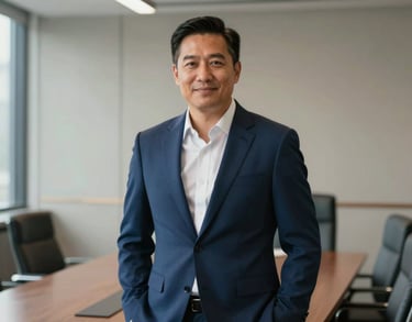 A portrait of a male philanthropic director in a navy blue suit, standing in a professional North American boardroom with soft, natural lighting.