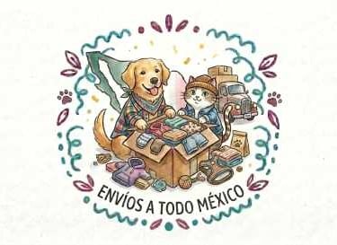 Ilustración de un perro y un gato empacando artículos para mascotas para su envío con el texto 'Enví
