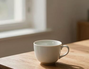 A peaceful domestic space with soft morning light filtering through a window, a single ceramic cup on a wooden table, minimalist aesthetic, shallow depth of field, 35mm