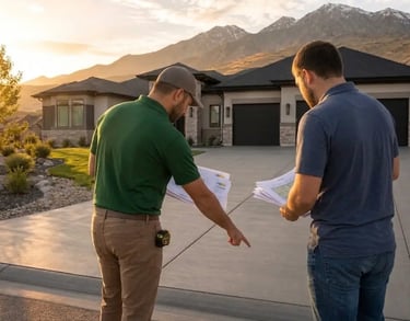 Concrete contractor showing a new concrete driveway to the homeowner in Lehi, UT