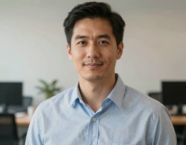 A professional headshot of a man in North American business casual attire, with a soft-focus background of a clean, modern workspace.