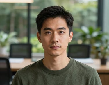 A professional headshot of a person in a charcoal green sweater, set against a blurred background of a North American garden office.