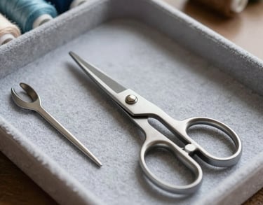 A close-up photograph of a modern, organized sewing kit in a North American home, with high-quality steel scissors neatly placed on a light gray felt tray.