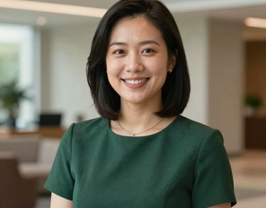 A professional headshot of a team member in a dark green dress, with the soft-focus interior of a North American corporate lobby behind them.