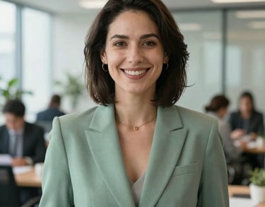 A professional portrait of a woman in a sage green blazer smiling in a bright North American office setting, looking approachable and confident.