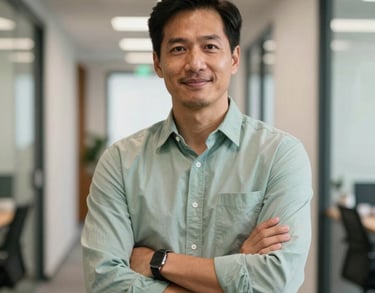 A professional portrait of a consultant in a light green shirt standing in a well-lit North American office corridor, radiating confidence.