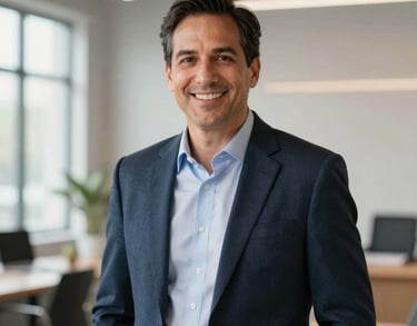 A professional portrait of an expert consultant in North American attire, standing in a bright, modern studio space.