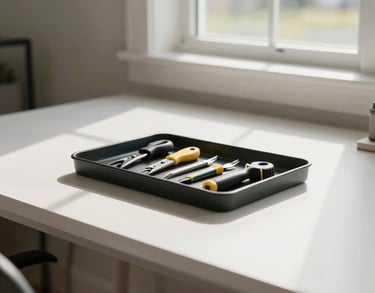 A bright, clean home office in a North American suburban house, showing a minimalist desk with a designated tray for essential cutting tools, soft natural morning light.