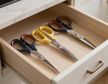 A detailed shot of a custom-designed drawer organizer in a modern North American kitchen, holding various craft scissors in perfect alignment.