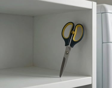 A minimalist North American laundry room with a dedicated shelf for utility scissors, showcasing clean lines and practical accessibility.