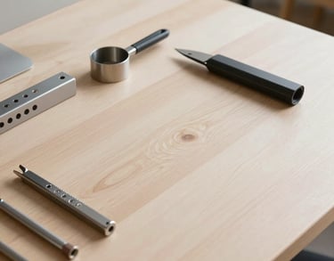 A clean, high-angle shot of a minimalist workstation in a North American design studio, featuring light wood textures and organized metal tools.