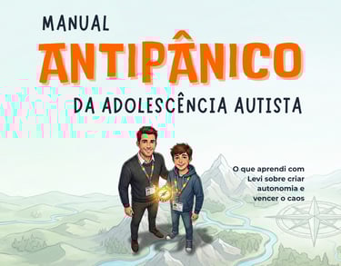 Manual Antipânico da Adolescência Autista" Ilustração de pai e filho segurando uma bússola.