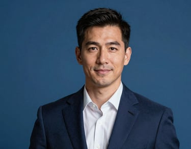 Professional studio headshot of a male sports executive in a dark navy blue suit, set against a simple royal blue background. The style is modern and professional, fitting for a North American / US Southern business environment.