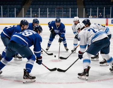 A dynamic shot of a team huddle on the ice before a game. Players are wearing royal blue and pale white jerseys. Low-angle perspective looking up at the team, conveying unity and sportsmanship. North American / US Southern arena background.