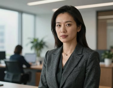 Professional headshot of a female leader in a charcoal professional outfit. Soft light, focused expression, set in a modern North American / US Southern office environment.