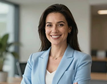 Professional headshot of a female administrator in a light blue blazer, smiling confidently. High-key lighting, modern professional photography style suitable for North American / US Southern collegiate leadership.
