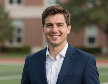 Professional headshot of a younger sports administrator in a navy blue blazer. Energetic and modern lighting style, North American / US Southern collegiate setting.
