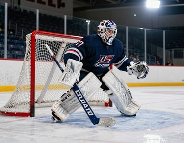 A goalie in full dark navy gear poised in the crease of a hockey rink. The ice is smooth and clean, catching the glare of the overhead arena lights. North American / US Southern hockey tournament atmosphere.