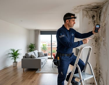 Especialista midiendo humedad por filtración en pared de una vivienda