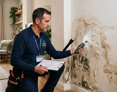 Profesional revisando humedad y moho en pared interior de una vivienda