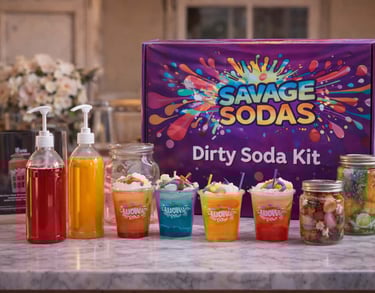 Savage Sodas dirty soda kits featuring syrups, toppings, and customizable soda ingredients