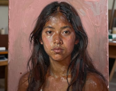 A close-up photograph of an oil painting on a canvas in a South American studio, with soft light highlighting textures of dusty rose and dark brown pigments.