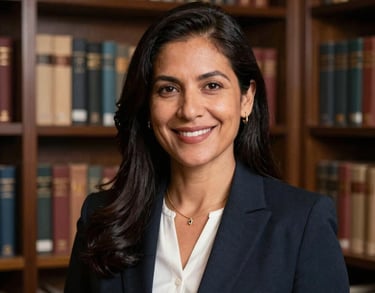 A professional portrait of a South American woman in an elegant library with dark brown bookshelves, looking directly at the camera with a welcoming expression.