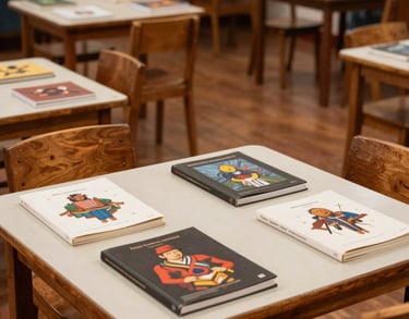 An interior shot of a South American cultural center classroom with wooden furniture, warm brown floors, and art books arranged neatly on off-white tables.