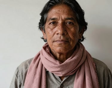 A portrait of an art historian in a South American context, wearing an elegant dusty rose scarf, standing before an off-white wall with soft shadows.