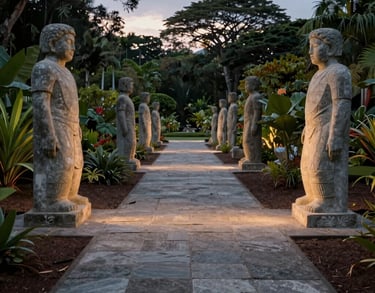 A serene photograph of a South American sculpture garden at dusk, with soft lighting highlighting paths of light gray stone and dark brown earth.