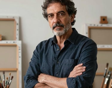 A portrait of a male art professor in a studio, surrounded by canvas and brushes, with a sophisticated and intellectual vibe in a South American setting.
