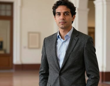 A portrait of a male lecturer in a sophisticated charcoal jacket, standing in a South American university gallery with off-white walls and architectural depth.