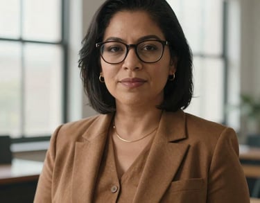 A portrait of a South American woman with glasses, dressed in professional warm brown attire, in a studio with large windows and soft daylight.