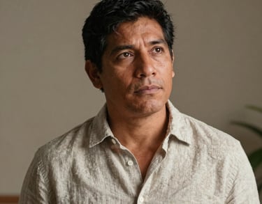 A portrait of a South American man with a thoughtful expression, wearing a linen shirt, in a minimalist room with taupe and off-white accents.